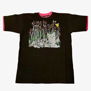 VINTAGE 80's Cat Tulip Floral Art Tee Shirt Black w/Pink Trim Size XL (46-48)